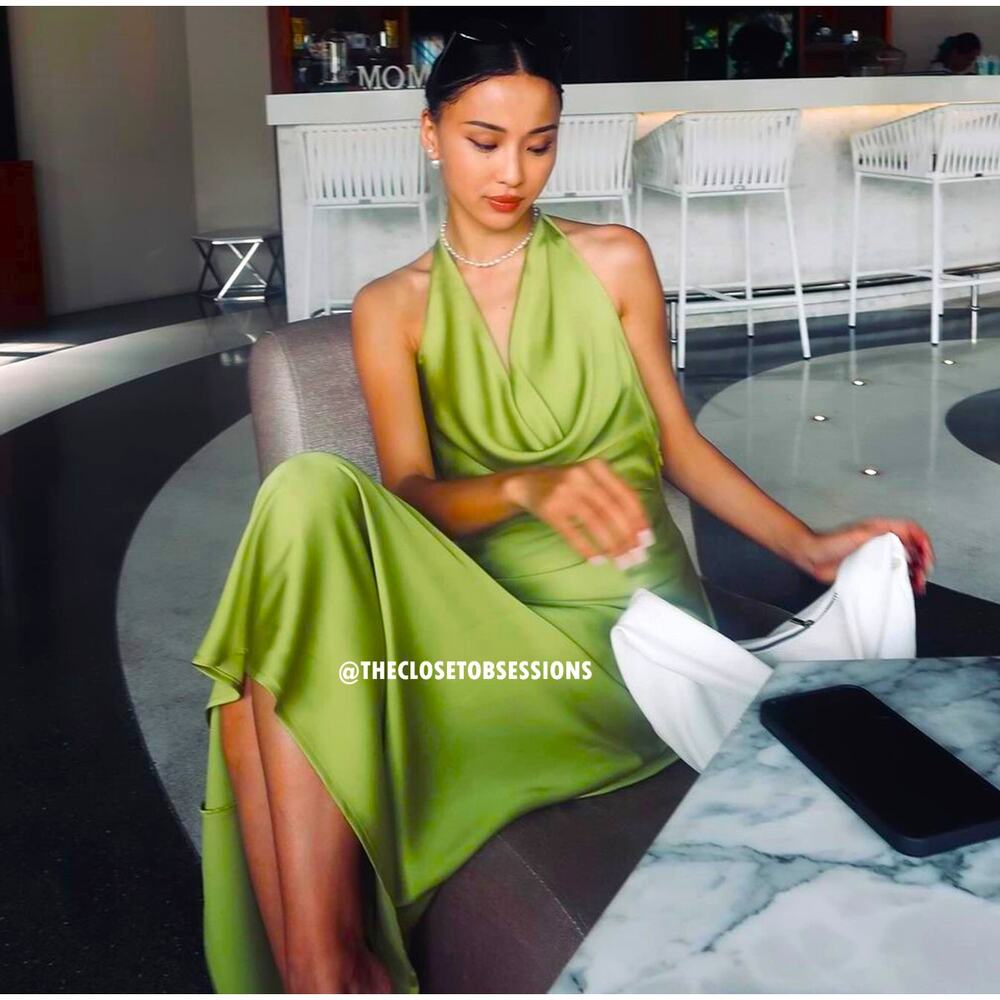 MANGO Green Open Back Satin Midi Dress NWT Cowl Neck Wedding Guest - Picture 8 of 16